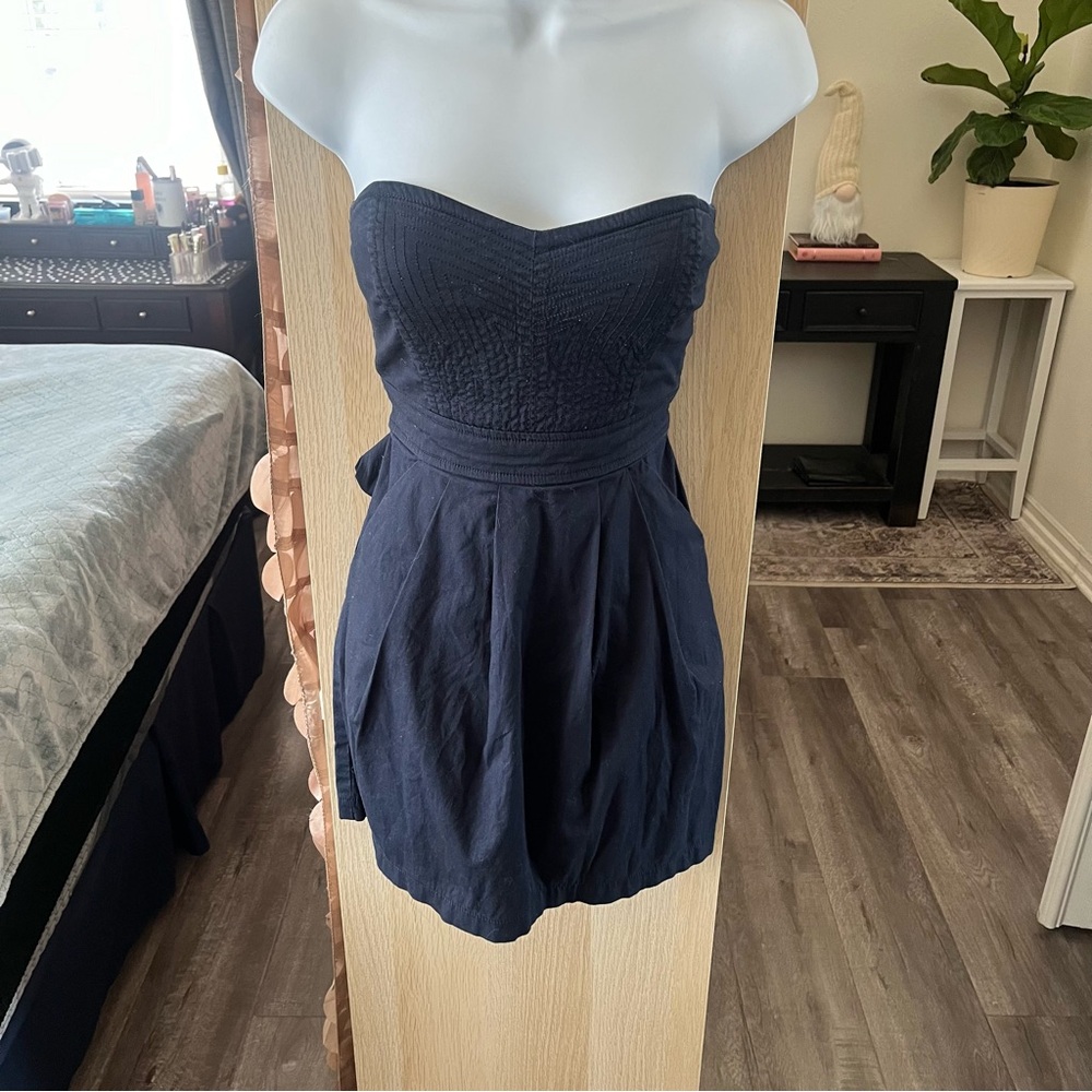 Trixxi Navy Blue Strapless Babydoll Mini Dress Y2K Bow Back Pockets Size 5